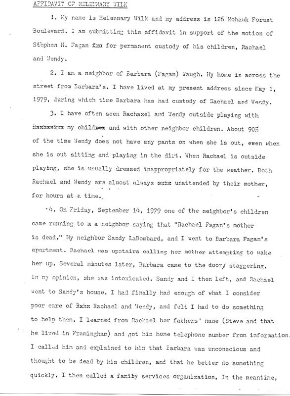 Affidavit of Helenmary Wilk (neighbor of Barbara Kurth) 09/17/79 Page 1 of 3