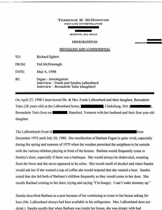 Report 1 - Interview with Frank and Sandra LaBombard, Bernadette Tatio (daughter) 05/04/98 Page 1 of 3