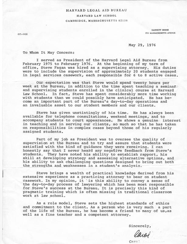 Harvard Legal Aid Bureau - Reference letter for Stephen Fagan 05/29/76
